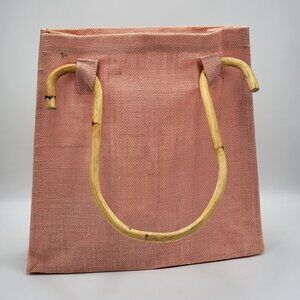 Vtg Pink Jute Tote Bag With Wooden Bamboo Handles - Stylish Eco-Friendly Handbag
